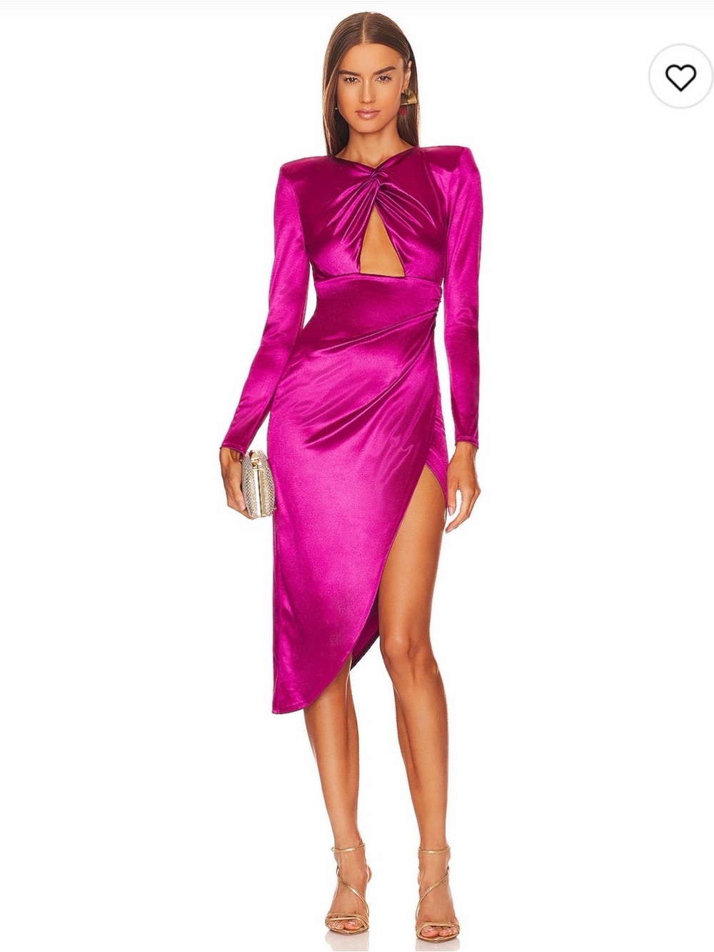 Michael Costello Fuchsia Long-Sleeve Twist-Front Satin Midi Dress